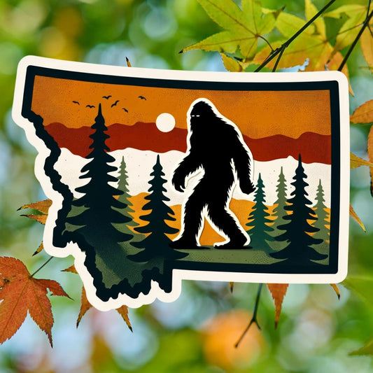Bigfoot Hiking in Silhouette of Montana Sticker, Montana, Bigfoot, hiking, sticker, Yellowstone, Hiking Adventure, Sasquatch, Travel, Hike