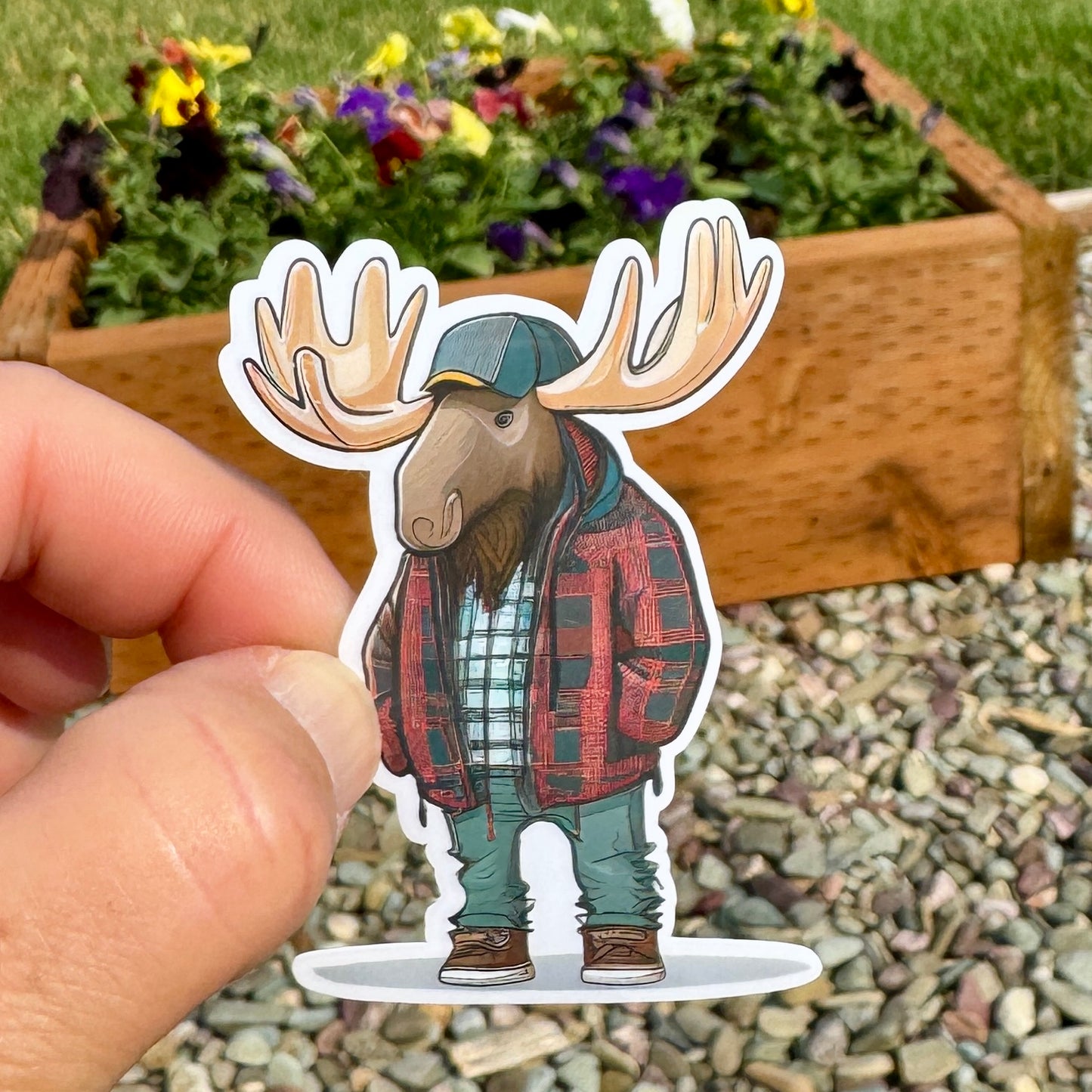 Hipster Bull Moose wearing flannel Sticker, Moose Sticker, animal lover, grunge, Hipster animals, fun sticker, Nature lover, Hiking, outside