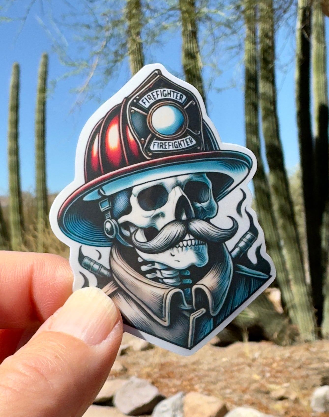 Skeleton Firefighter with mustache Sticker, firefighter, bunker gear, fireman, mustache, fire department, hero, firehouse,sticker,fire,skull