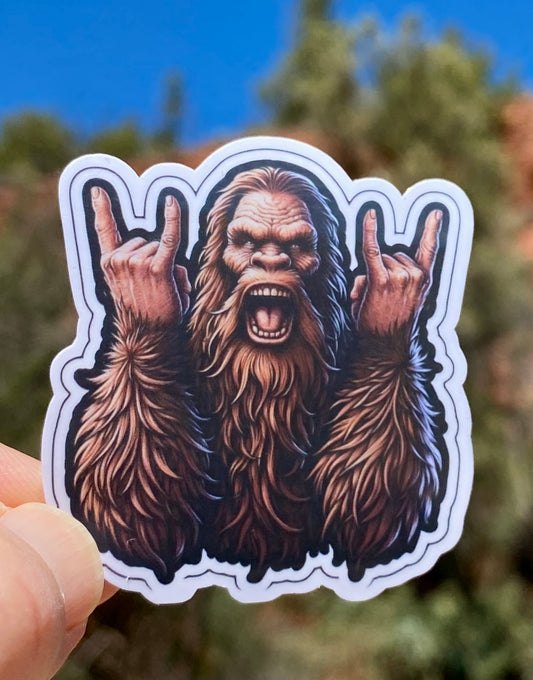 Bigfoot Sticker, Rock star, Bigfoot, rock horns, 80s music, Music lover, Heavy Metal, Hair Metal, Hair Band, Rock On, rocker, horns, sticker