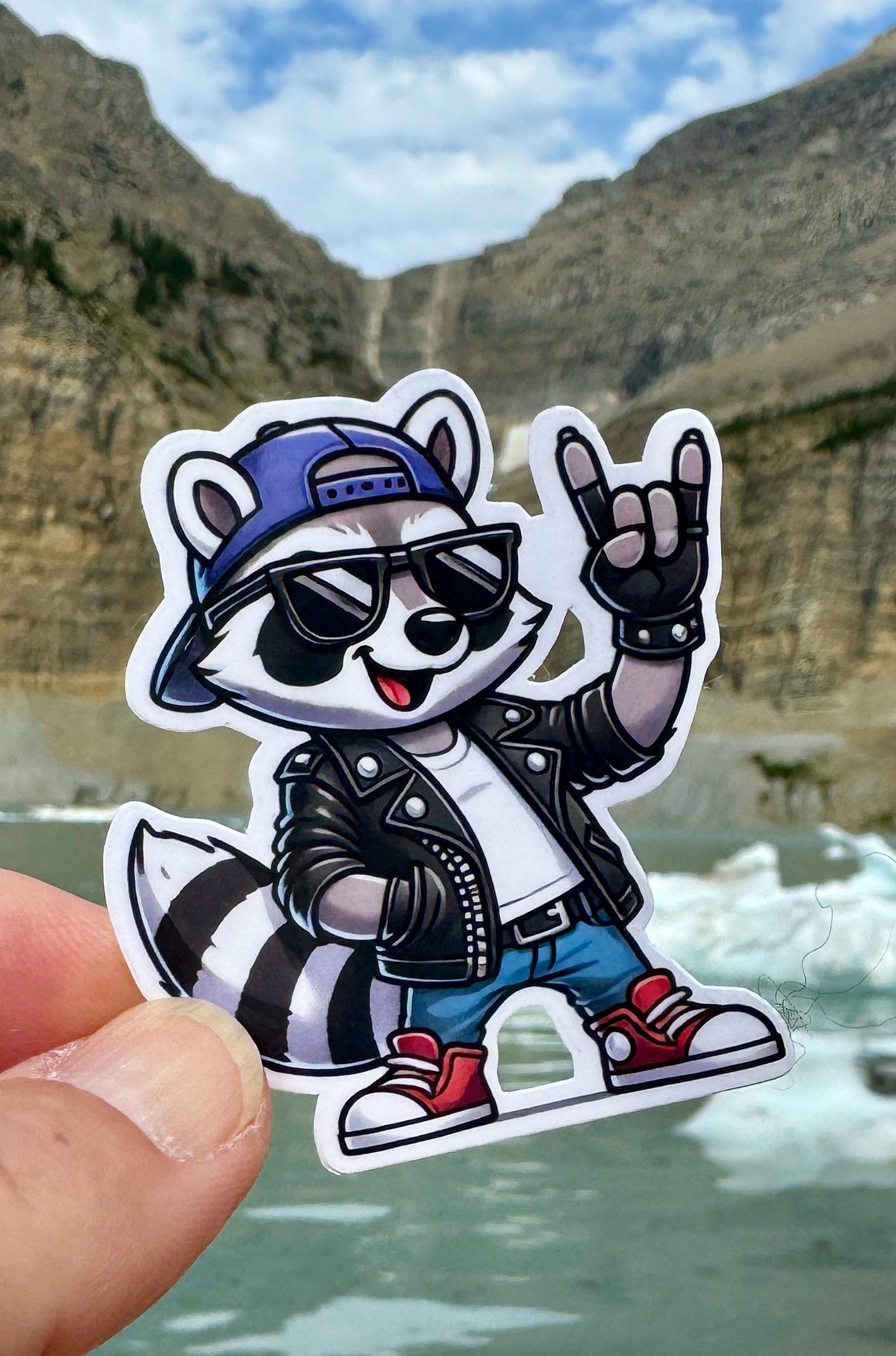 Rock on Raccoon Sticker, Rock star, raccoon, rock horns, 80s music, Music lover, Heavy Metal, Hair Metal, Hair Band, Rock On, rocker sticker