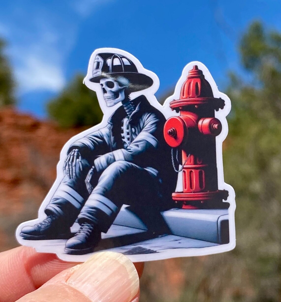 Skeleton Firefighter Rough Day at Work Sticker, firefighter, bunker gear, fireman, fire department, hero, sacrifice, sticker, fire, decal