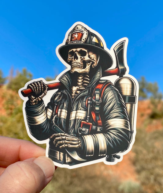 Skeleton Firefighter Sticker, firefighter, bunker gear, fireman, ax, mustache, fire department, hero, firehouse, sticker, fire, flames,decal