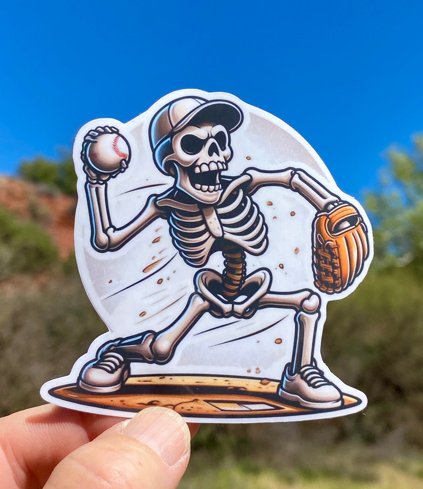 Skeleton Baseball Pitcher Sticker, Baseball, Baseball glove, Skeleton, little league, play ball, home run, Pitcher, Baseball Pitcher, strike