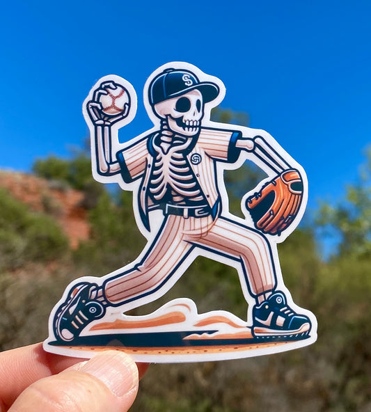 Skeleton Baseball Pitcher Sticker, Baseball, Baseball glove, Skeleton, little league, play ball, home run, Pitcher, Baseball Pitcher, strike