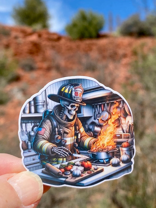 Skeleton Firefighter Sticker, firefighter, bunker gear, fireman, cook, chef, fire department, hero, firehouse, sticker, fire,flames,culinary