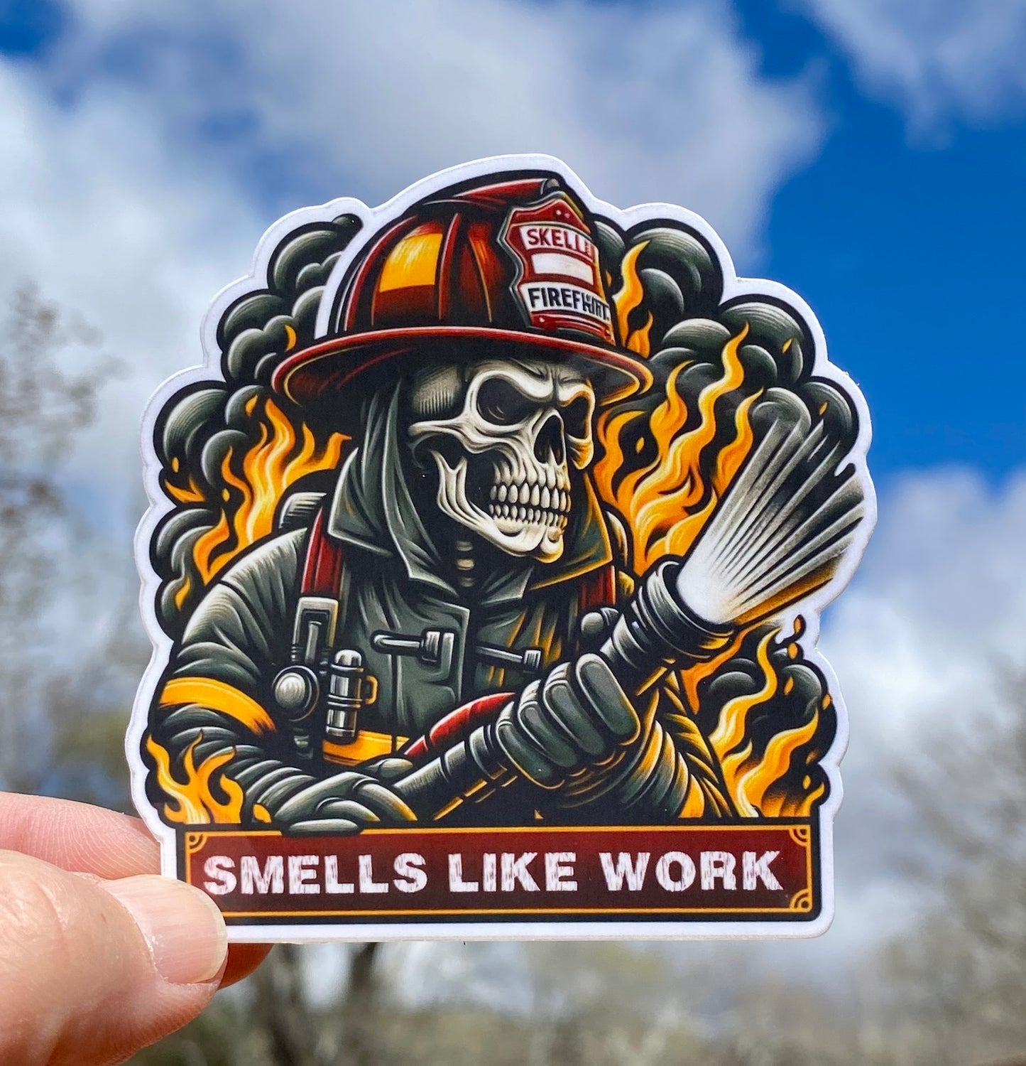 Skeleton Firefighter Smells Like Work Sticker, firefighter, bunker gear, fireman, fire department, smoke, skeleton, sticker, fire, flames