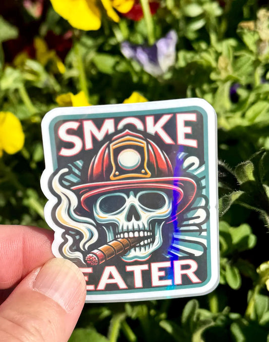 Holographic Smoke Eater Firefighter Sticker, firefighter, Fireman Skull, fireman, Skull, smoke eater, Holographic, firehouse, sticker, cigar