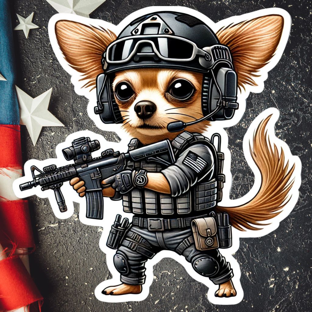 Tactical Chihuahua Sticker, Chihuahua, tactical, operator, Tactical gear, sticker, rifle, military, police, shoot, gear, gun humor,Dog, gun