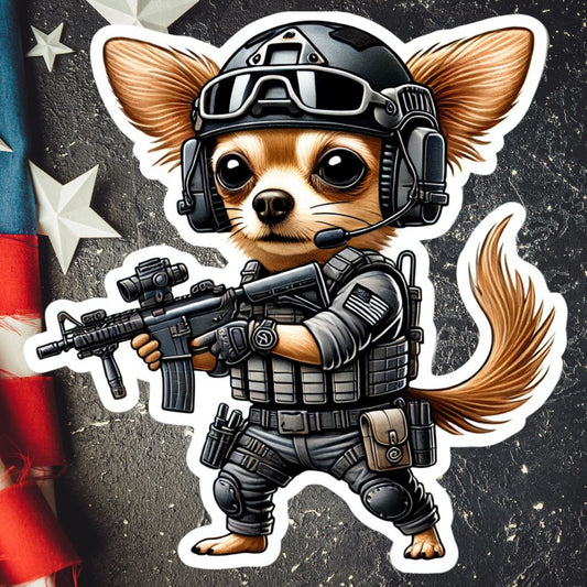 Tactical Chihuahua Sticker, Chihuahua, tactical, operator, Tactical gear, sticker, rifle, military, police, shoot, gear, gun humor,Dog, gun