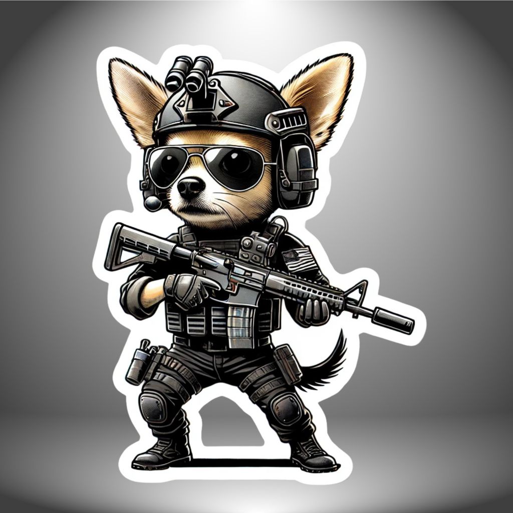 Tactical Chihuahua Sticker, Chihuahua, tactical, operator, Tactical gear, sticker, rifle, military, police, shoot, gear, gun humor,Dog, gun