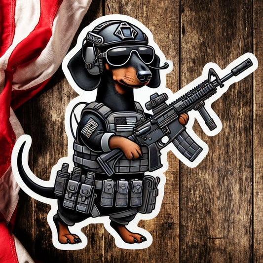 Tactical Dachshund Sticker – Funny K9 Soldier Vinyl Decal | Dog Lover & Military Humor Sticker | Cute and Rugged Die Cut Sticker |Fun