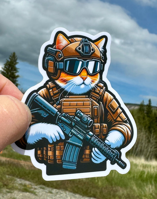 Tactical Cat Sticker, Cat, tactical, orange cat, operator, Tactical gear, sticker, decal, cat lover, rifle, cat mom, military, police, shoot