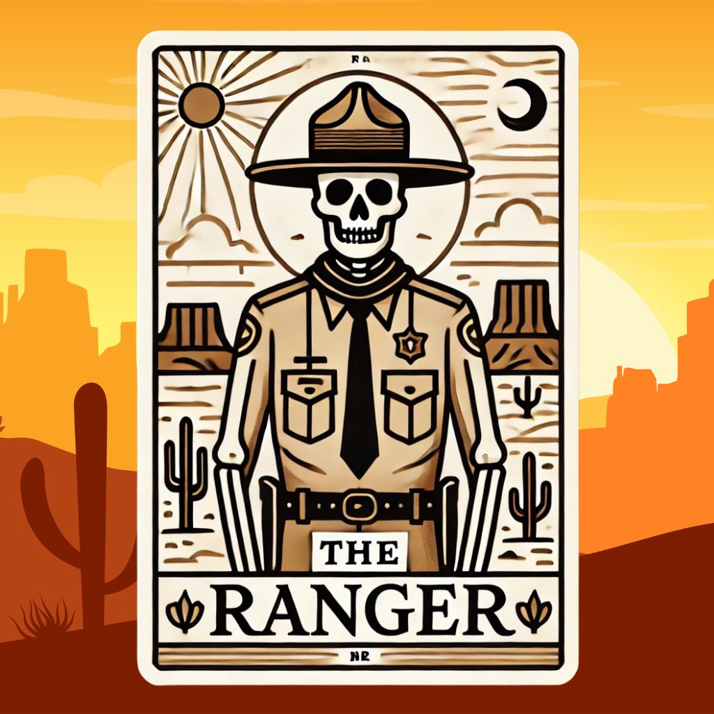 The Ranger, Tarot Card inspired Skeleton Park Ranger Sticker,National parks, tarot card, sticker, psychic, protect our parks