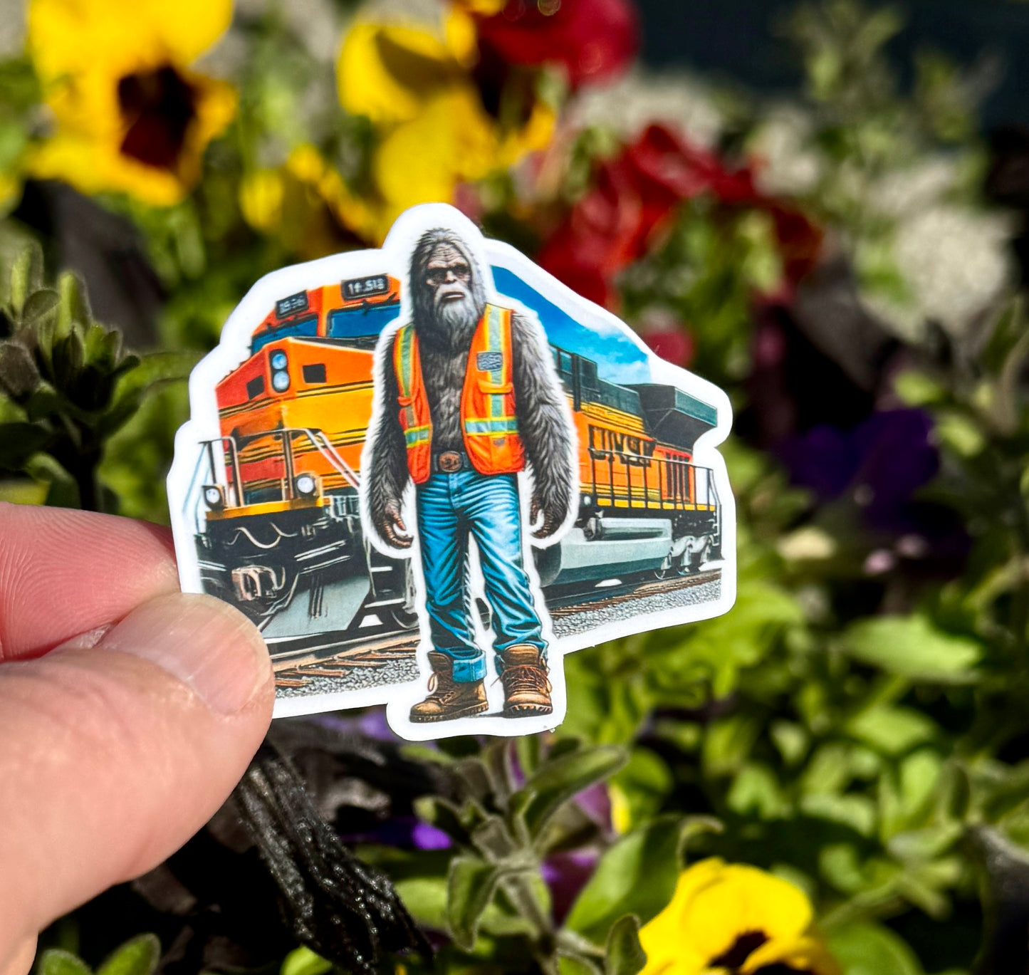 Bigfoot Railroad worker Sticker, railroad, sticker, Bigfoot, trains, railroad worker, train tracks, engineer, construction, railway, train