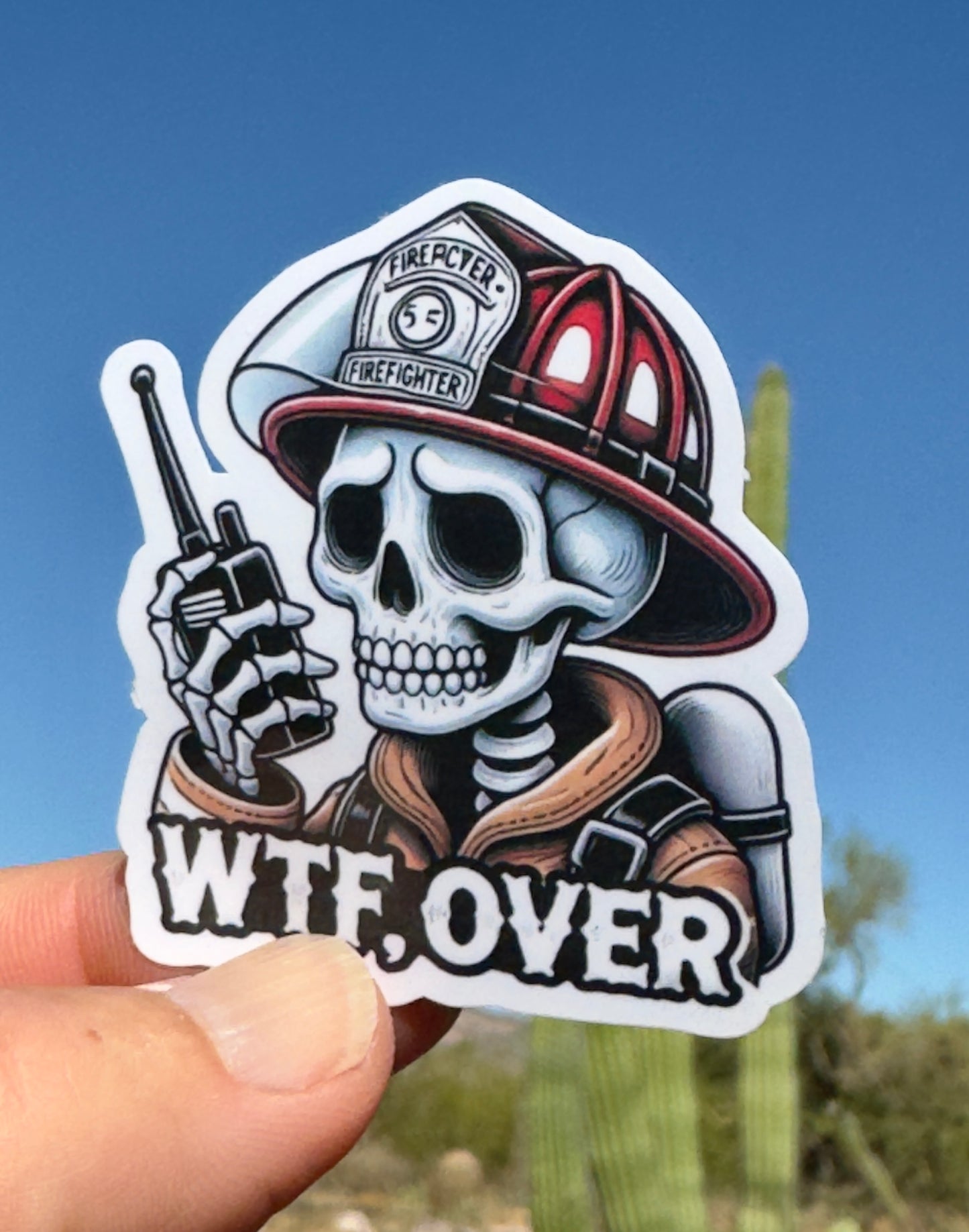 Skeleton Firefighter WTF Over Walkie Talkie Sticker, WTF sticker, walkie talkie, firefighter humor, firefighter, Dispatch, WTF, sticker, Fd