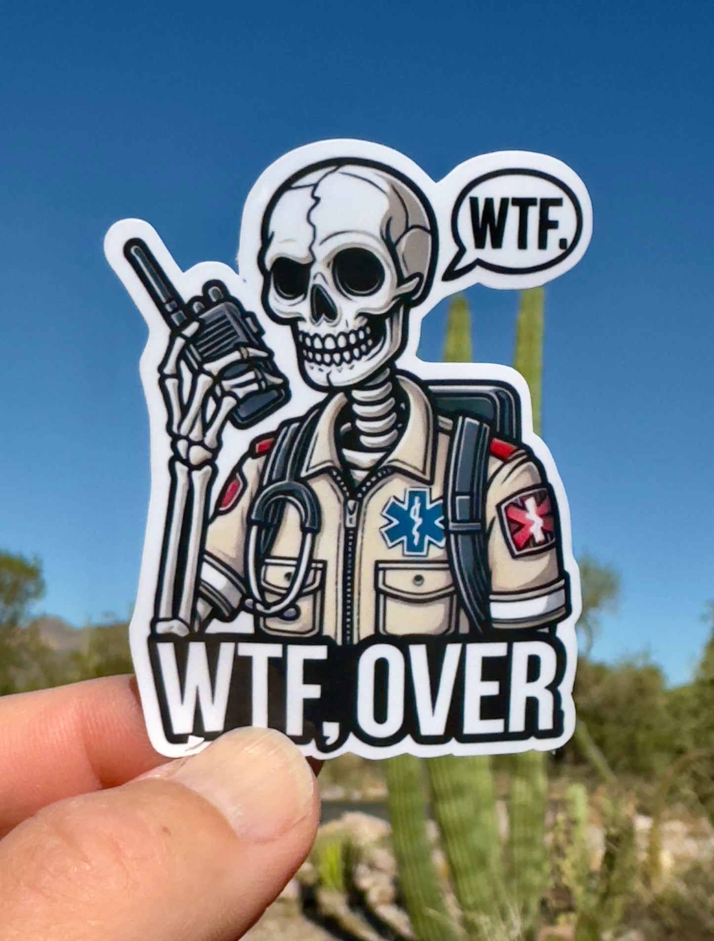 Skeleton Paramedic WTF Over Walkie Talkie Sticker, WTF sticker, walkie talkie, Paramedic humor, Ems, emt Dispatch, WTF, sticker, health care