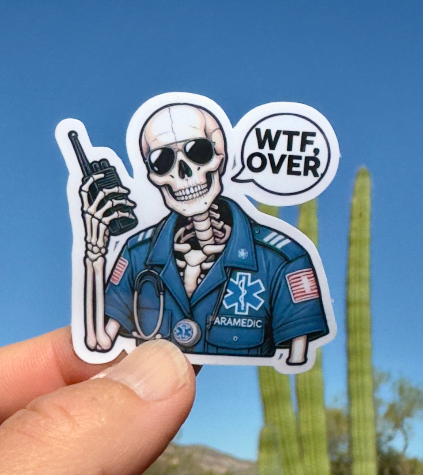 Skeleton Paramedic WTF Over Walkie Talkie Sticker, WTF sticker, walkie talkie, Paramedic humor, Ems, emt Dispatch, WTF, sticker, health care