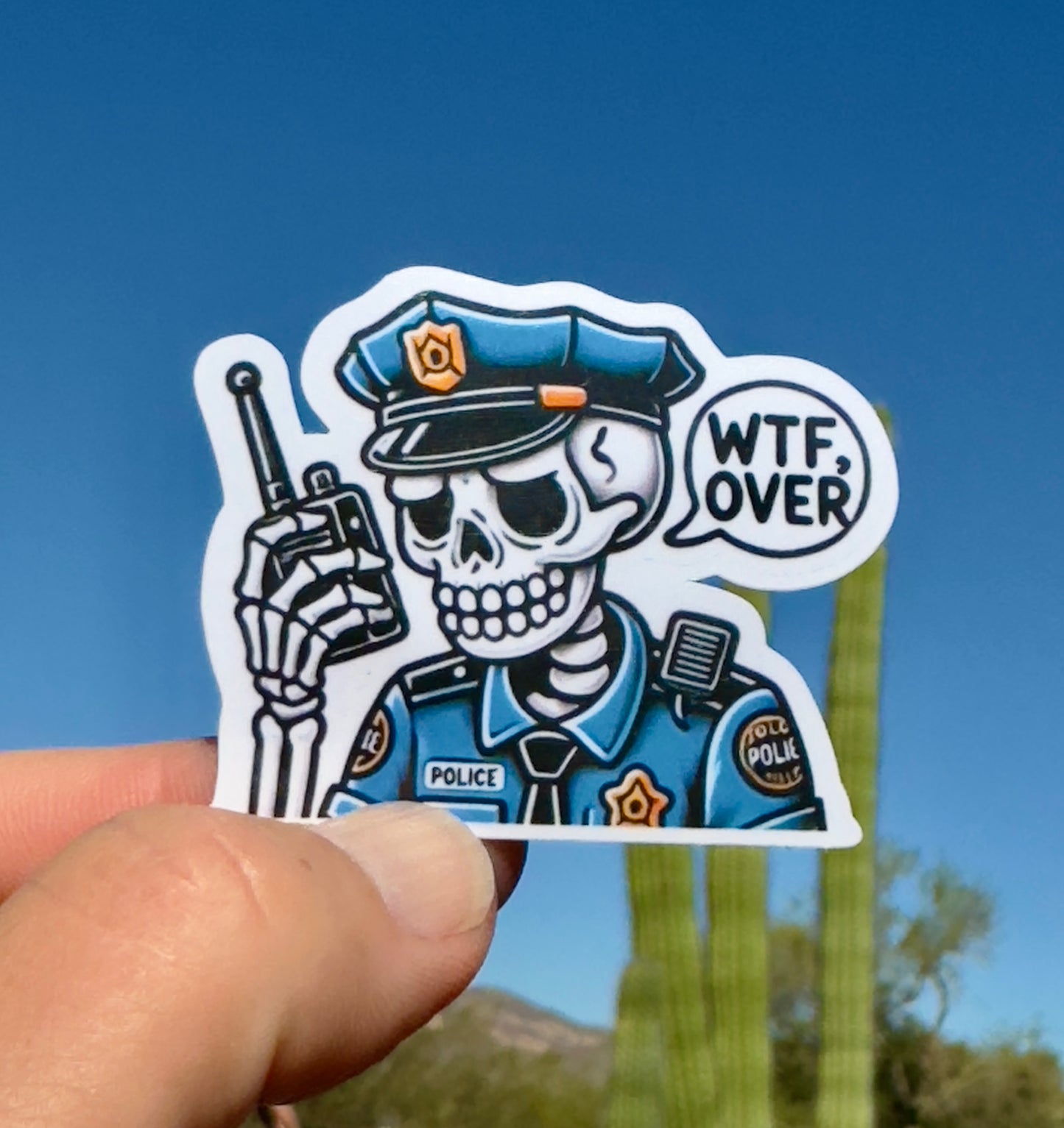 Skeleton Police Officer WTF Over Walkie Talkie Sticker, WTF, walkie talkie, Police humor, Police, Dispatch, WTF, sticker, Law Enforcement