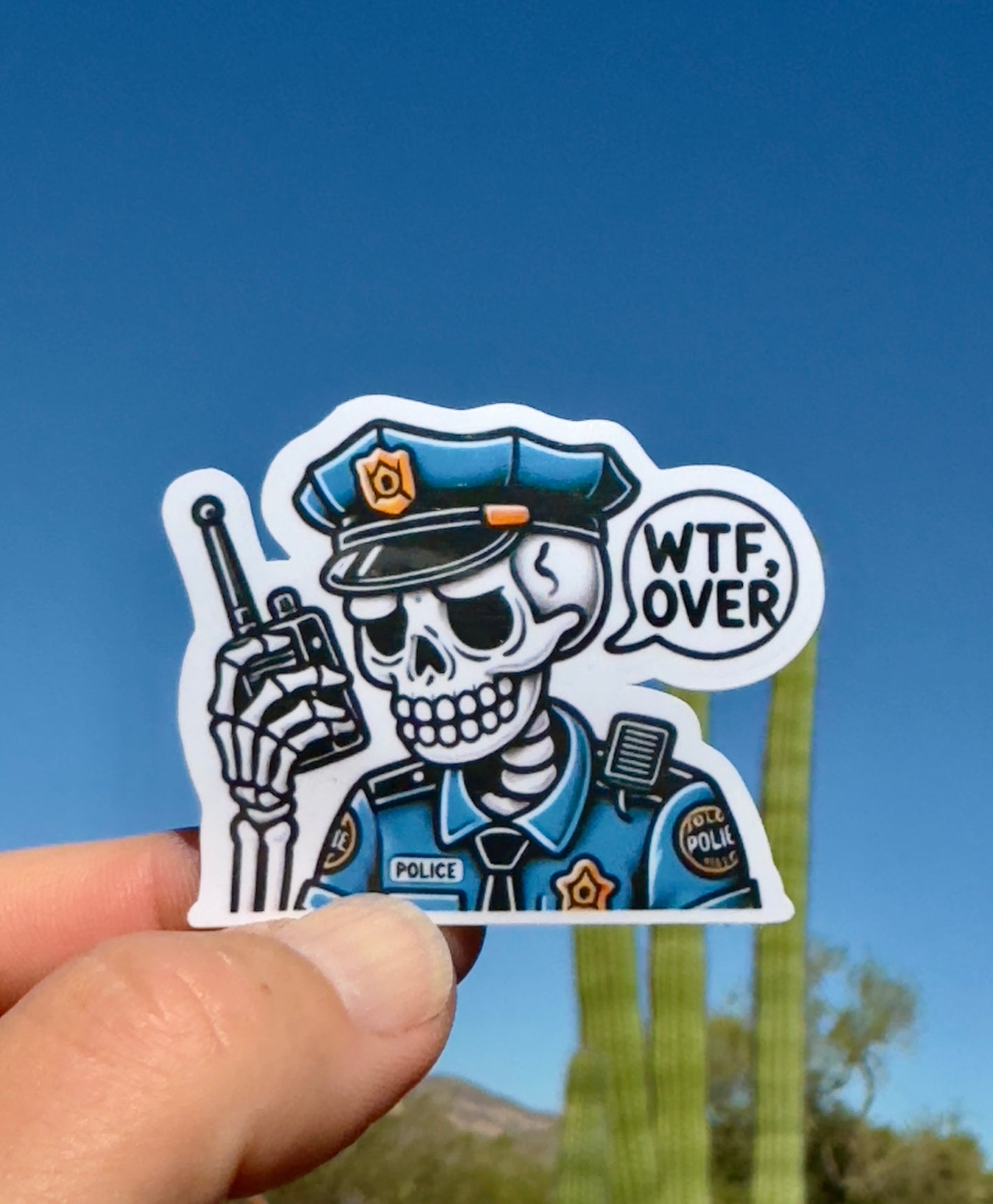 Skeleton Police Officer WTF Over Walkie Talkie Sticker, WTF, walkie talkie, Police humor, Police, Dispatch, WTF, sticker, Law Enforcement